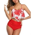 thumbnail image 2 of Women High Waisted Bikini Ruffle Swimsuit Flounce Pom Pom Trim Two Piece Bathing Suit Red Coconut Tree (M, 2 of 7