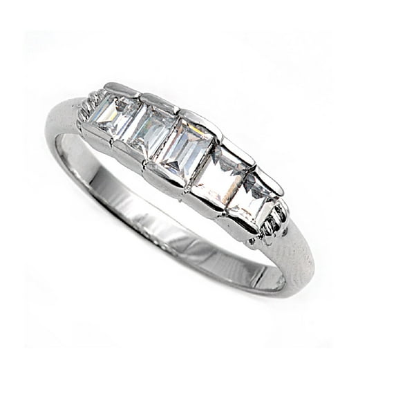 Five Stones Center Baguette Cubic Zirconia Ring Sterling Silver 925 Size 7