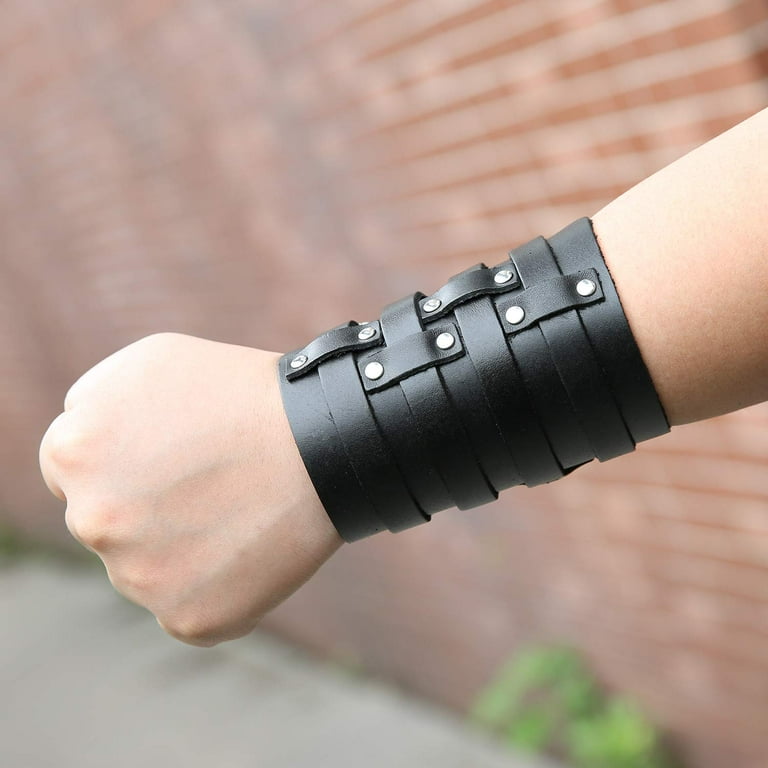 HZMAN Mens Leather Wide Triple Strap Cuff Wrap Gauntlet Wristband Buckle Fastening Arm Armor Cuff 4 Rows Black Walmart