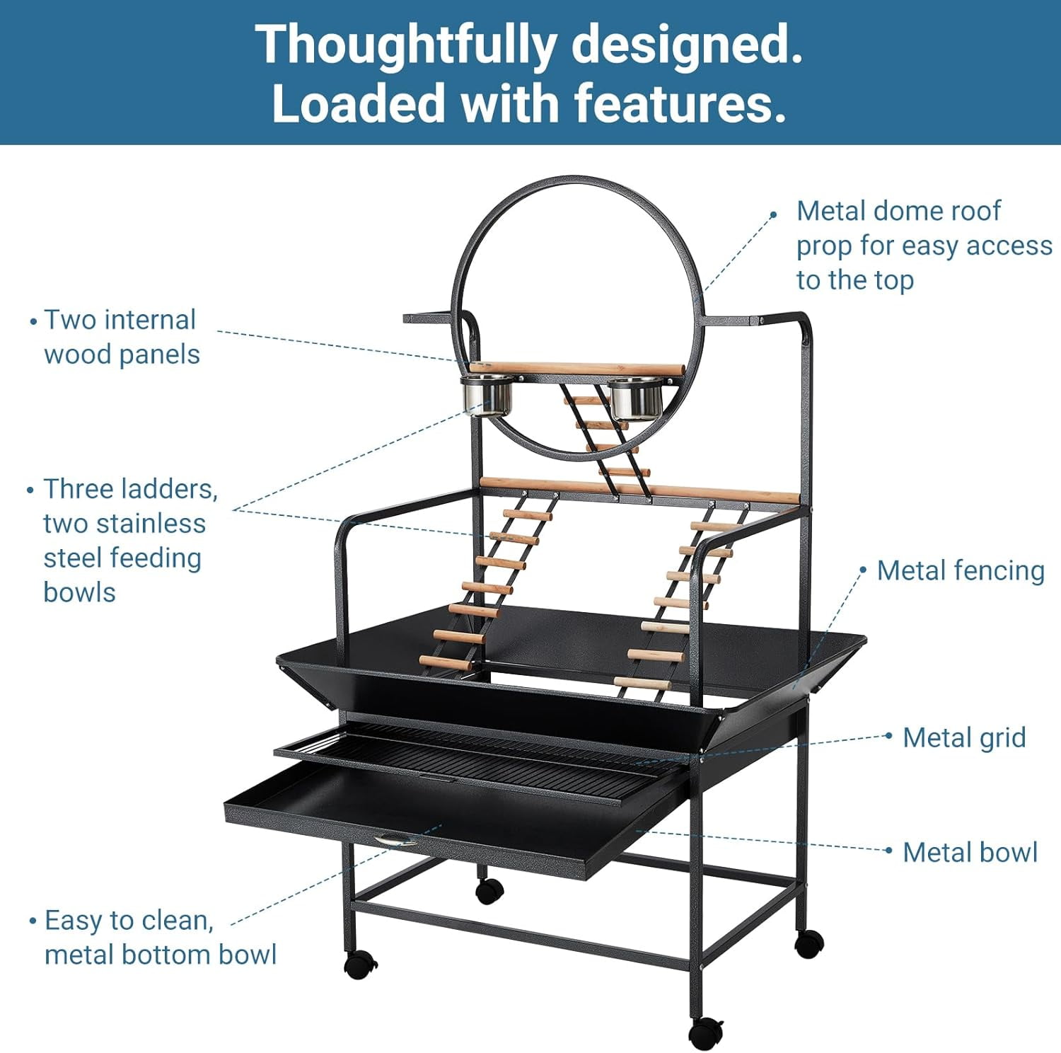 Lumiparty 66-inch Large Bird Playstand with Perches & Ladders, Indoor & Outdoor Activity Center for Parrots, Conures, Cockatiel, Removable Tray & Lockable Casters, Black