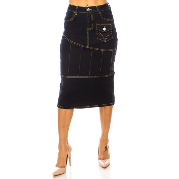 Be-Girl Women's Dark Wash Denim Midi Skirt, Contrast Stitching, Paneled Pencil Style - SG-79201