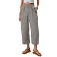 thumbnail image 2 of LEKWK Linen Crop Pants for Women Elastic Waist Casual Wide Leg Pants Loose Fit Solid Comfy Palazzo Bottoms with Pockets Fashion Beach Vacation Outfits, 2 of 7