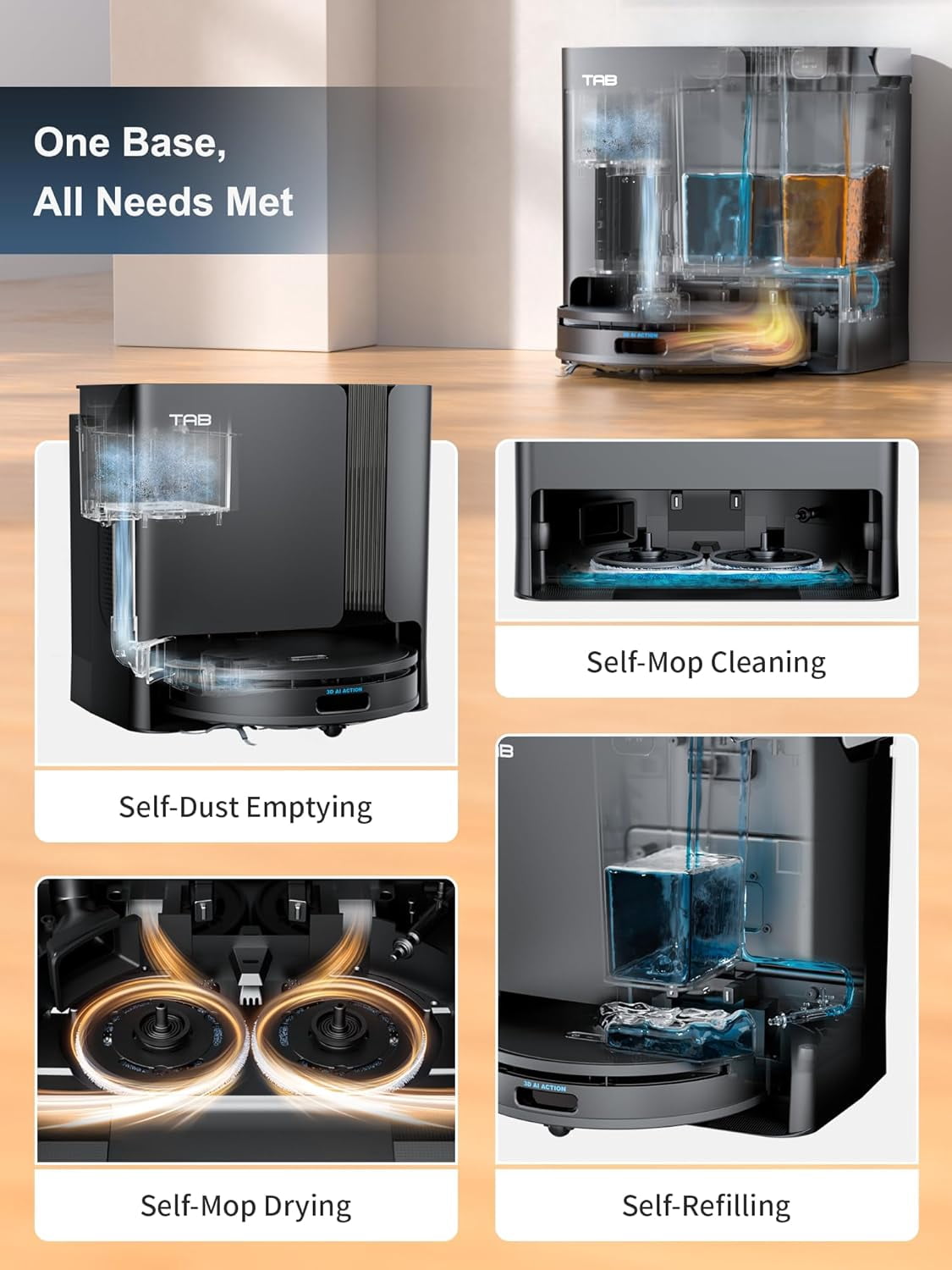 TAB Fairy10 Robot Vacuum and Mop Combo with 6000 Pa Suction, Hidden LiDAR Navigation, Self Drying, Auto Empty & Refill, 15mm Auto Lift Dual Mops, Auto Mop Washing, Obstacle Avoidance, Self Cleaning