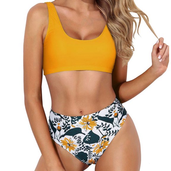 RYDCOT Women High Waisted Bikini Set Two Piece Swimsuits Scoop Neck Swim Suits Top Tummy Control Bathing Suit Bottom 2 Piece Beachwear Outfits on Clearance