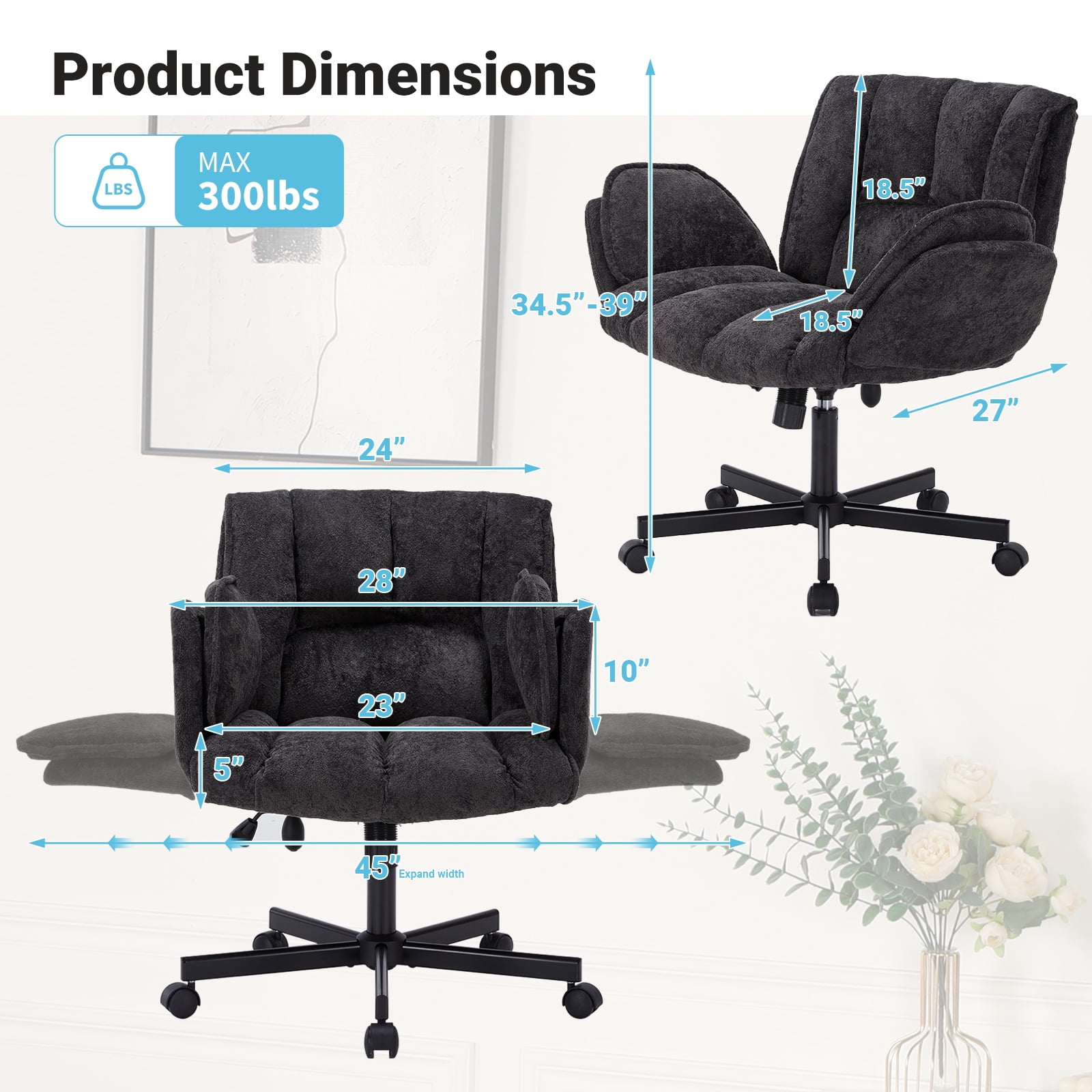 Criss Cross Office Chair with 6-Level Folding Arms and Wheels, Ergonomic Fabric Cross Legged Chair with Dynamic Lumbar Support, Plus Size Swivel Vanity Chair for Home Office, Living Room, Makeup