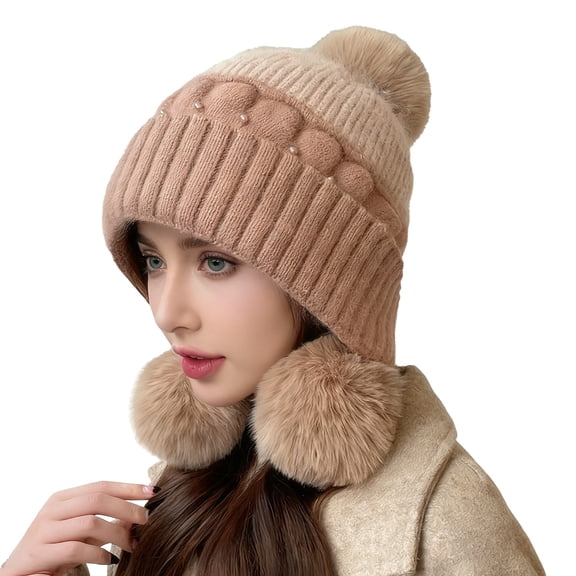 CYSFASHION Winter Hats for Women Casual Cozy With Ball Wool Trapper Hat Foldable Khaki Beanies
