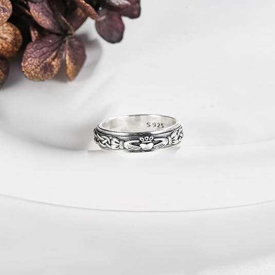 Claddagh Fidget Spinner Rings 925 Sterling Silver Celtic Knot Anxiety Ring Eternity Love Irish Claddagh Jewelry Gifts for Women Men Mom Wife (Size 7)