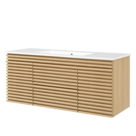 Wall Mount Sink Vanity Cabinet, White Oak, Wood, Mid Century Hotel Bedroom Bathroom, Modern Contemporary HB34070