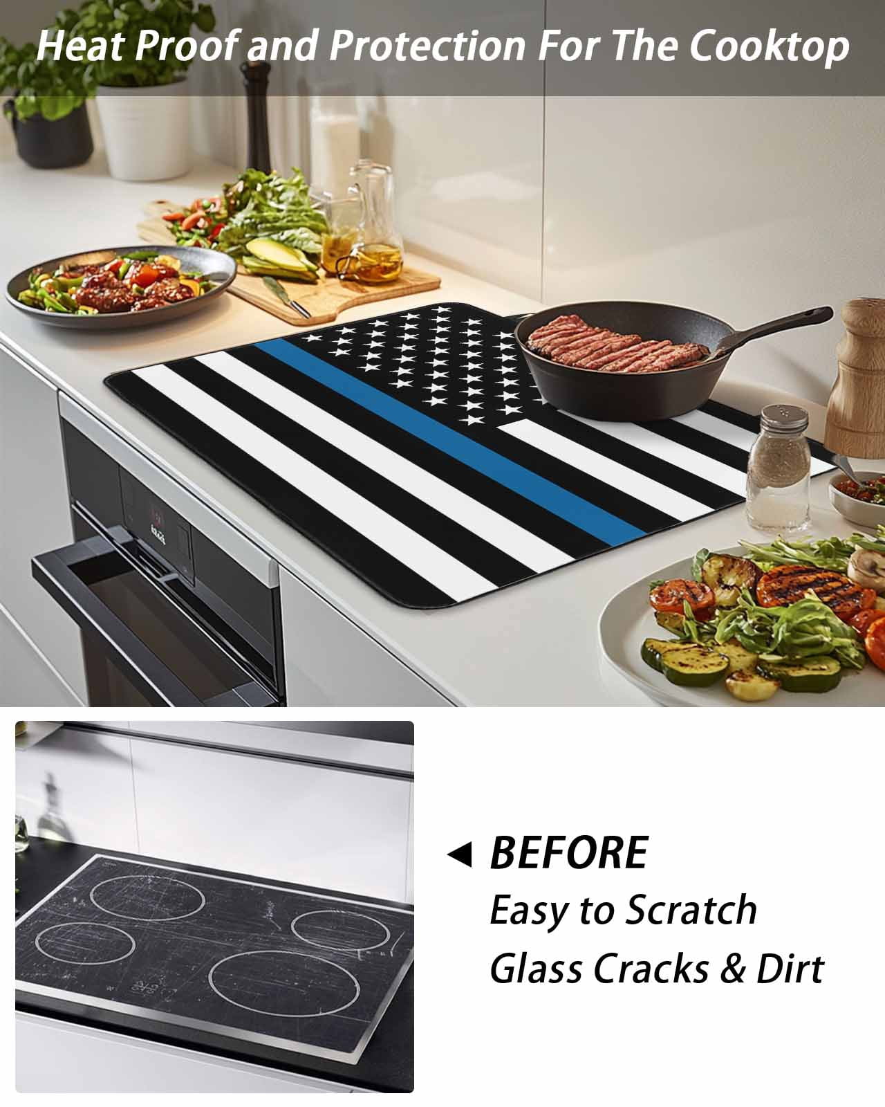 Stove Top Covers for Electric Stove,Blue White American Police Flag Glass Stovetop Cover Protector,Honoring Law Enforcement Officers Cooktop Protector Oven Mat for Kitchen Countertop 24"x21"