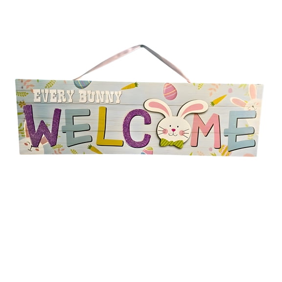 Every Bunny Welcome Easter Hanging Sign, 19 Inch Wooden Spring Door Sign with Bunny Design, Pastel Easter Wall Decor for Front Door Entryway Porch Indoor Seasonal Home Decoration
