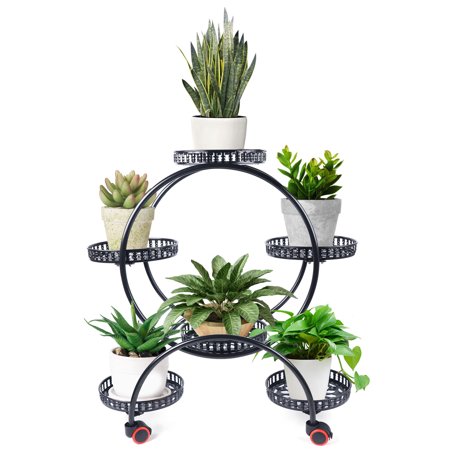 Aiqidi Indoors/Outdoors Metal Flower Stand 4 Tier Movable Plant Shelf with 6 Potted for Yard Garden (Black)