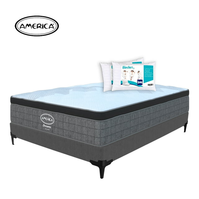 Colchón King Size Mega Colchoneta 30 cm Euro Top| Ortopédico América + Box Linato Gris Oxford + 2 Almohadas Bleden Standart