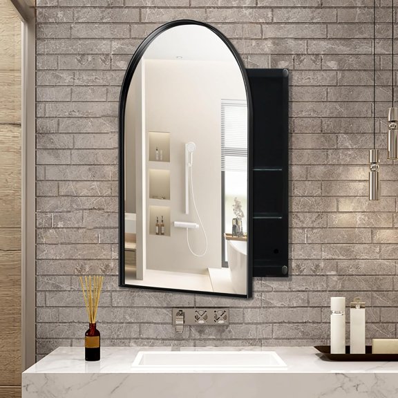 24x36 Inch Arched Recessed Medicine Cabinet with Mirror and Adjustable Shelves, Metal Framed Arched Mirror Cabinet Wall Cabinet for Bathroom Bedroom Black