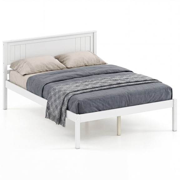 ELLEGNT Full Size Wooden Bed Frame with Headboard – White Platform Mattress Foundation