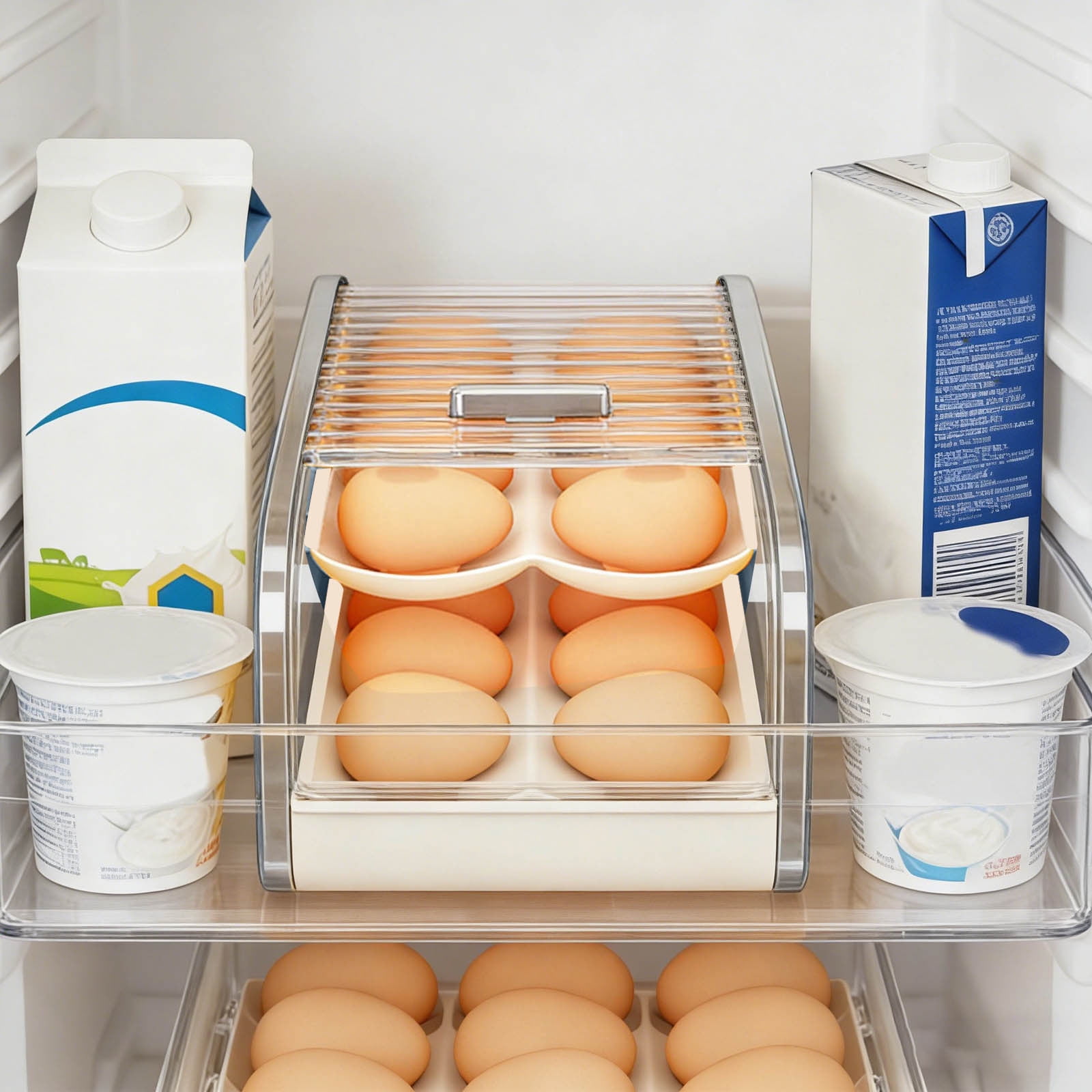 Refrigerator Egg Storage Rack Organizer - Automatic Rolling Rotating Egg Holder, Space Saving Expandable Kitchen Fridge Shelf for Eggs & Food Containers