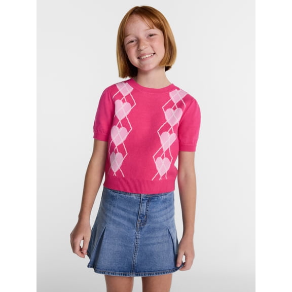 Wonder Nation Girls Argyle Sweater with Short Puff Sleeves, Sizes 4-18