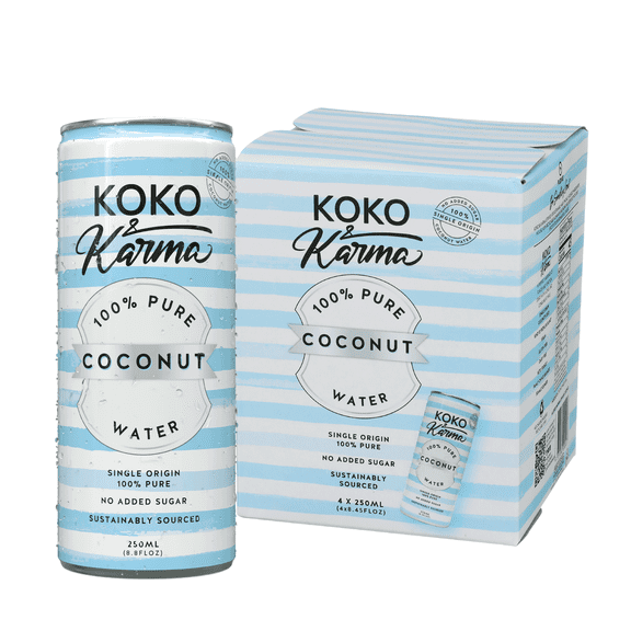 Koko & Karma Pure Coconut Water, Electrolytes, No Added Sugar, 8.45 fl oz Cans, 4 pack