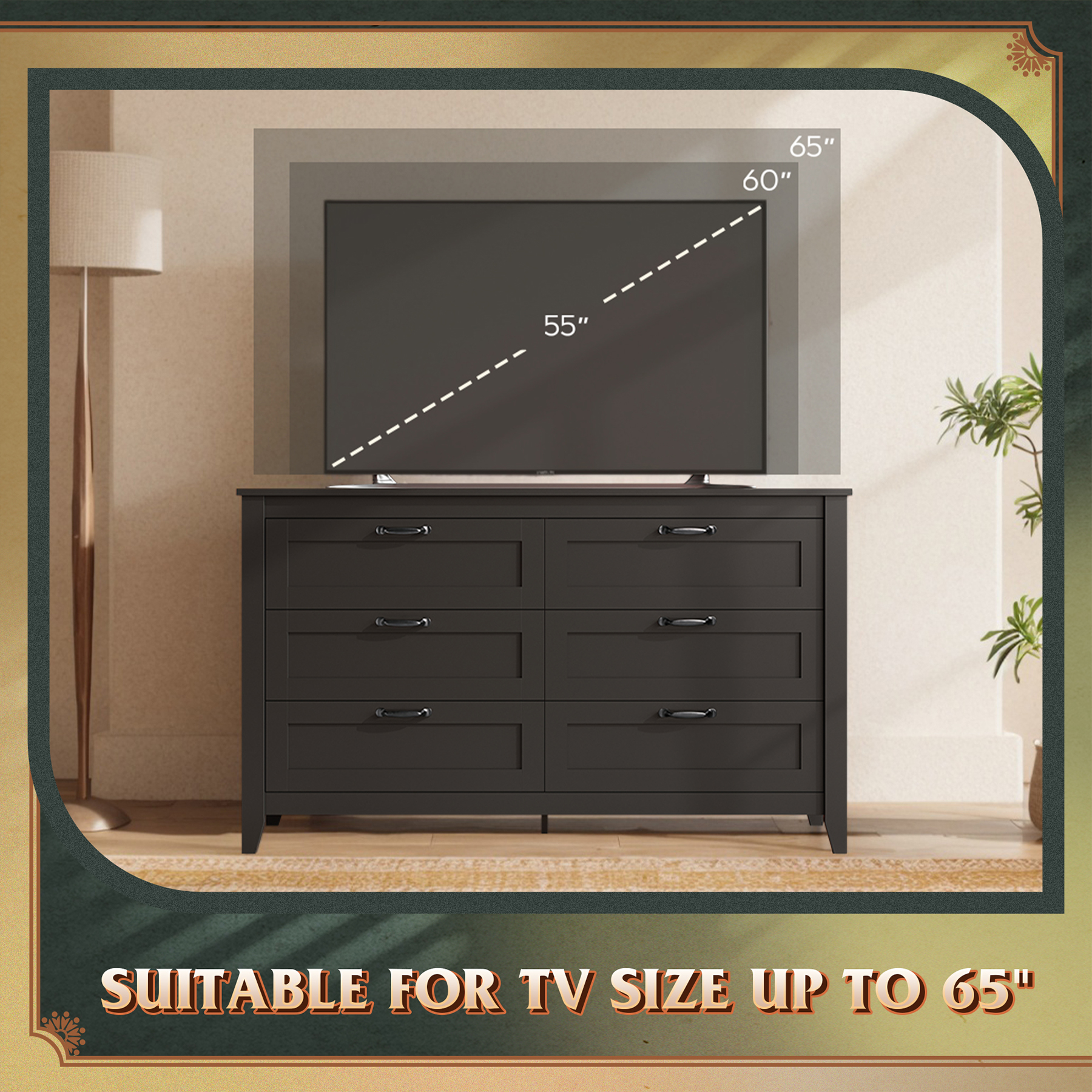 GALAXHERO 6-Drawer Double Wood Dresser - Farmhouse Chest of Drawers with Metal Handles for Bedroom, Living Room, Entryway, Black