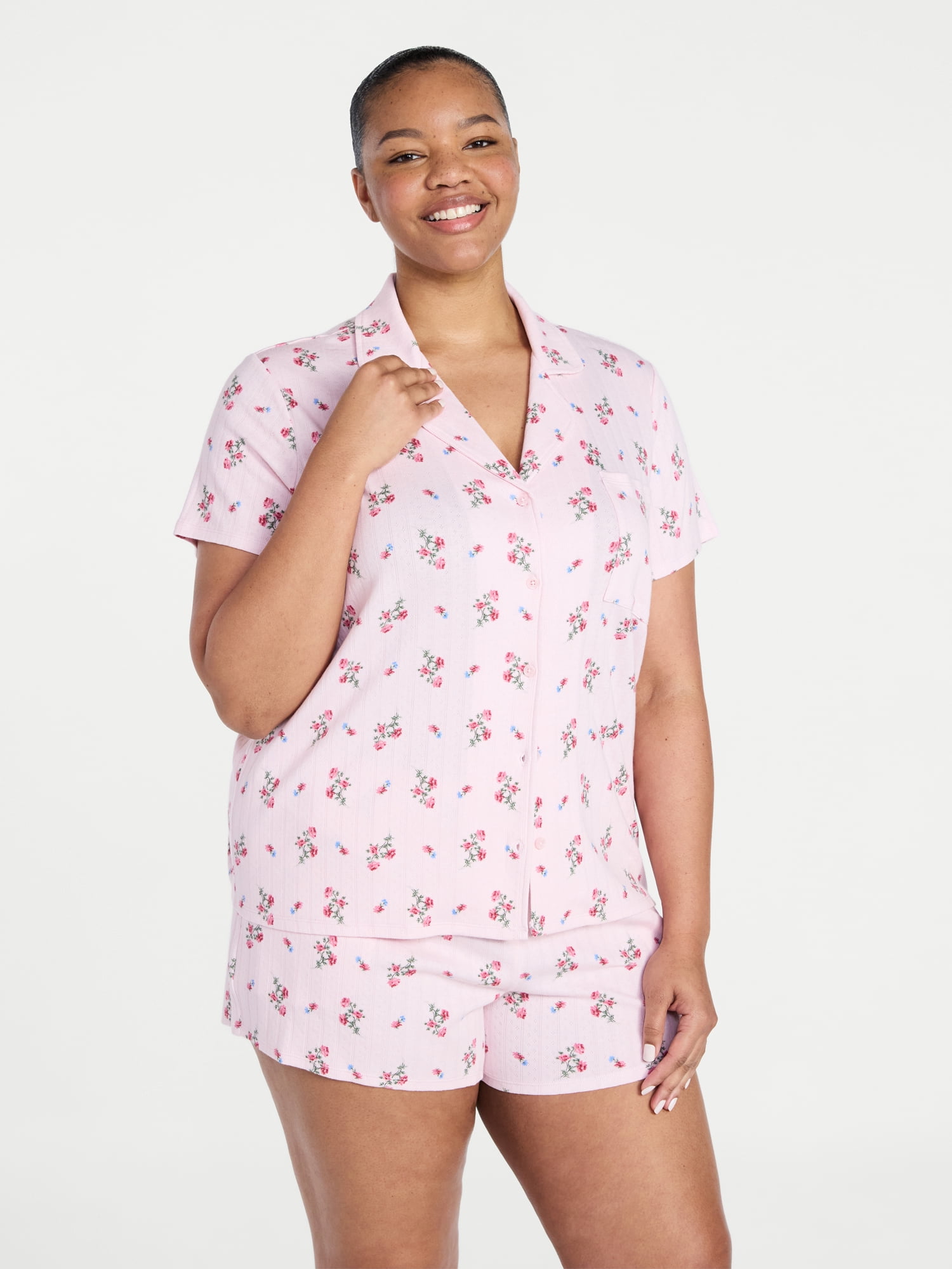 Joyspun Women’s Pointelle Knit Notch Top and Shorts Pajama Set, 2-Piece, Sizes XS-3X