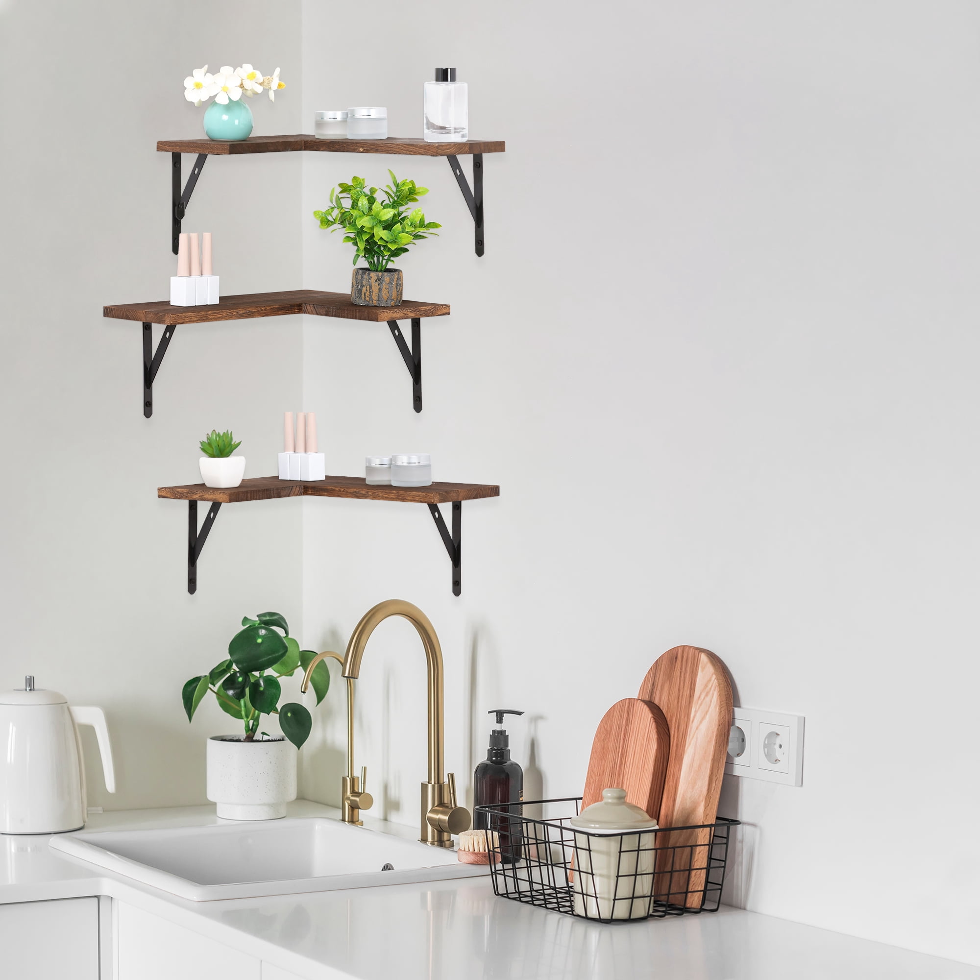 Unique Bargains Wood Floating Shelves Set of 3 Wall Mounted Shelves Dark Brown 15.7"