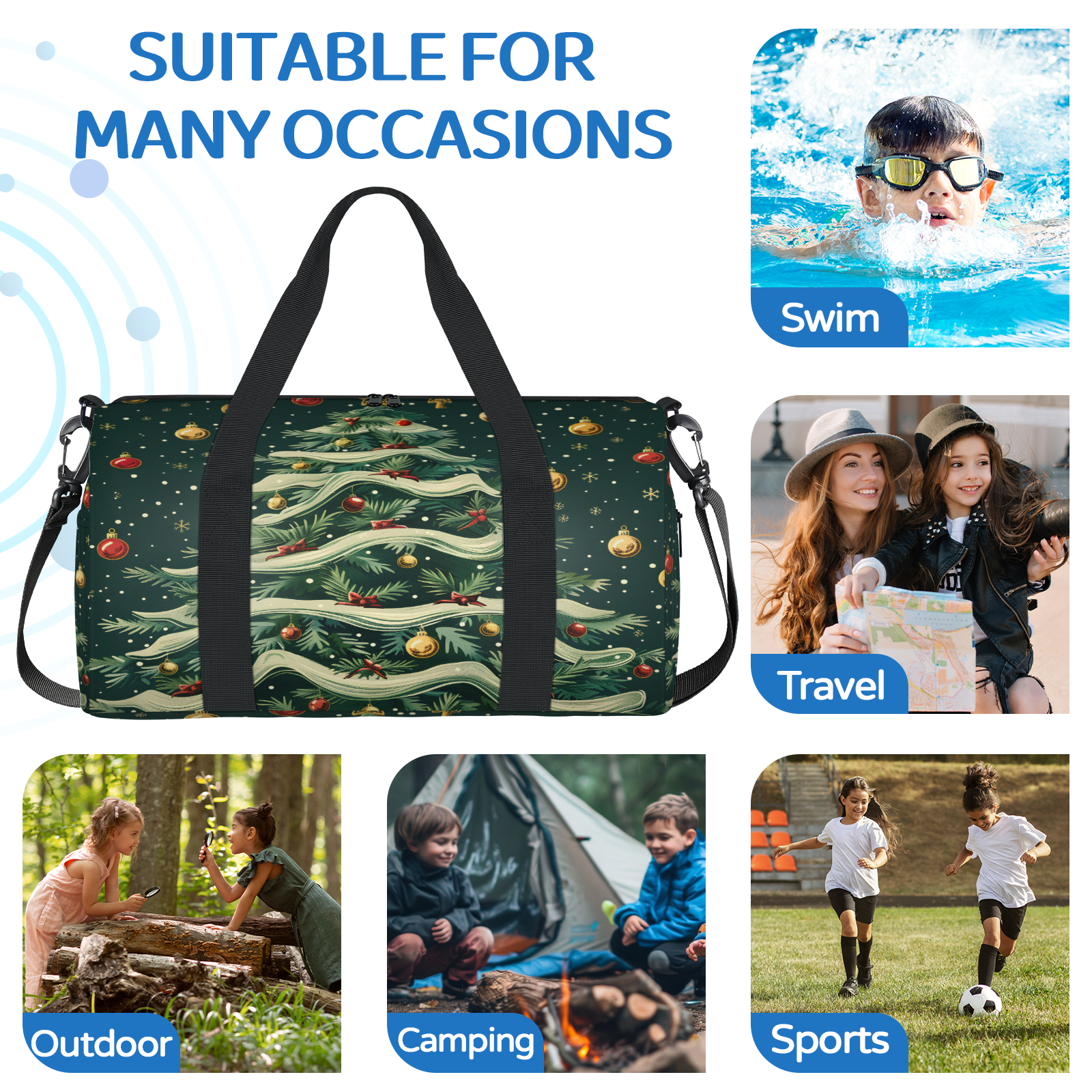 Herdesigns Christmas Travel Duffle Bag Sports Yoga Weekender Overnight Carry on Workout Bags Lightweight Waterproof Gym Tote Bag for Women Christmas Tree
