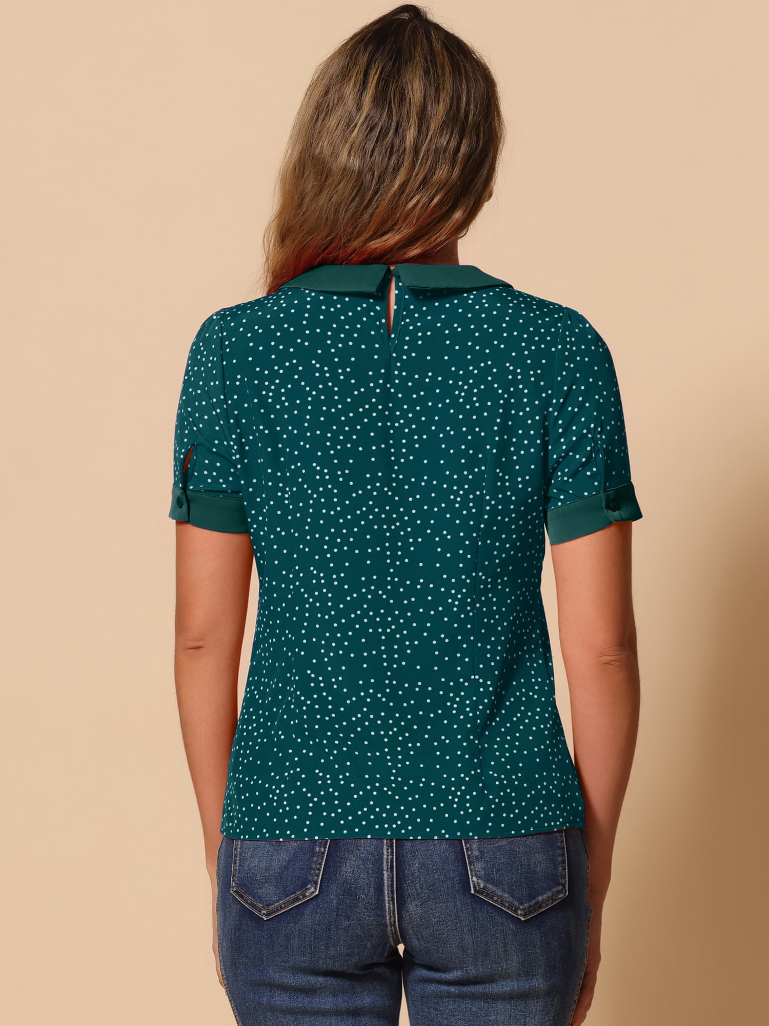 DARING DIVA Women's Contrast Peter Pan Collar Polka Dots Tops S Blue Green White