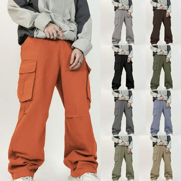 Zylanna Men's Cargo Pants, Relax Fit Elastic Waist Multi-Pockets Drawstring Outdoor Pants for Men Orange Size L