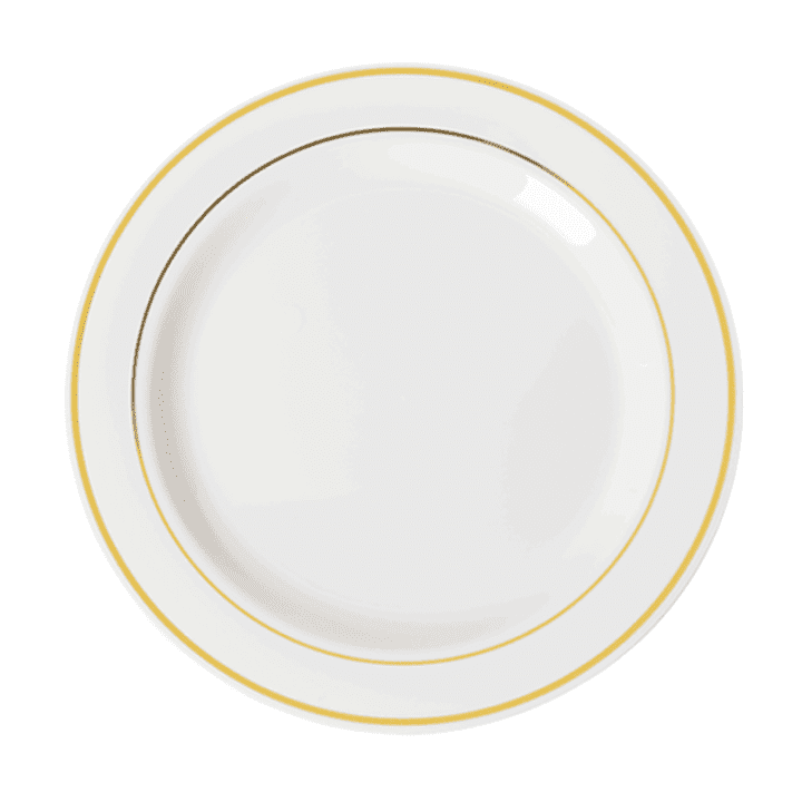 12 count. Wedding Party Plastic Plates great for bridal shower or anniversary 9 Heavyweight White plate with Gold rim Lattice like real dinnerware plates perfect for parties and events 