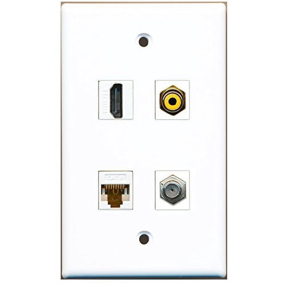 RiteAV - 1 Port HDMI 1 Port RCA Yellow 1 Port Coax Cable TV- F-Type 1 Port Cat6 Ethernet White Wall Plate