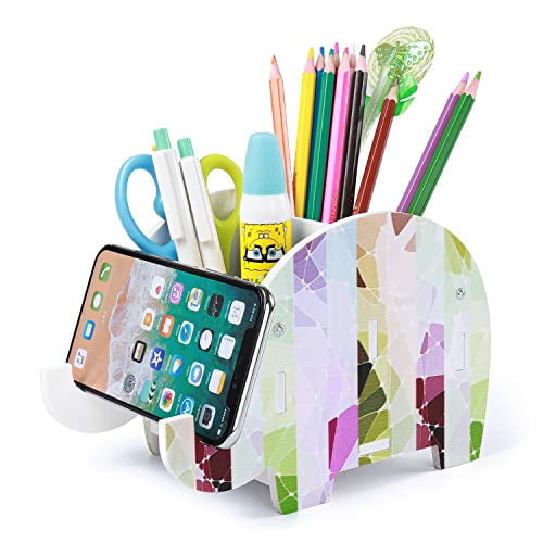 Pencil Holder Smart Phone Stand Office Desk Accessories Pink Cute Elephant Wood Pen Holder Bracket Home Desk Decoration Multifunctional Stationery Box Organizer
