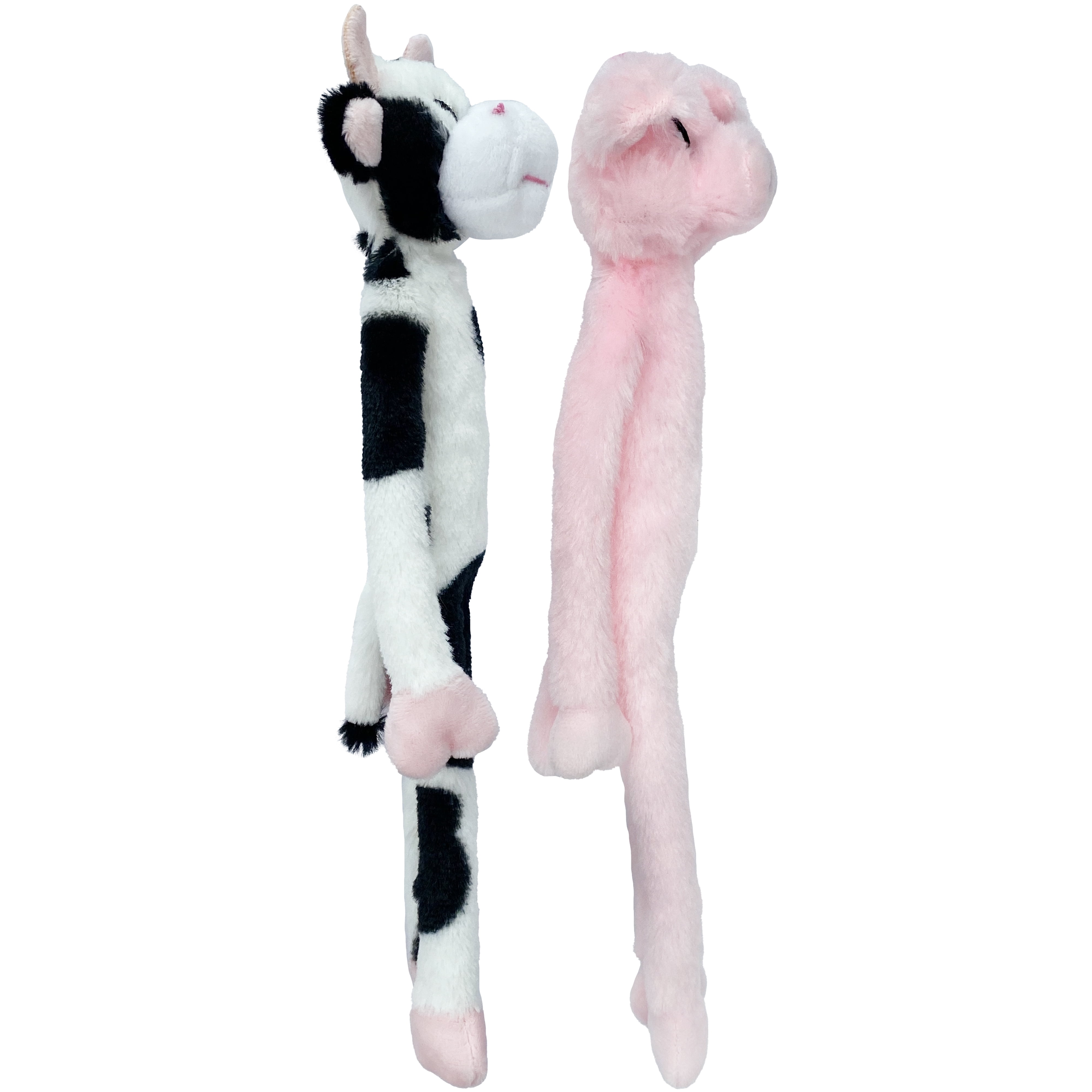Multipet Plush Dangle Animals, 2 Pack, Plush Dog Toy, Cow and Pig with Squeaker