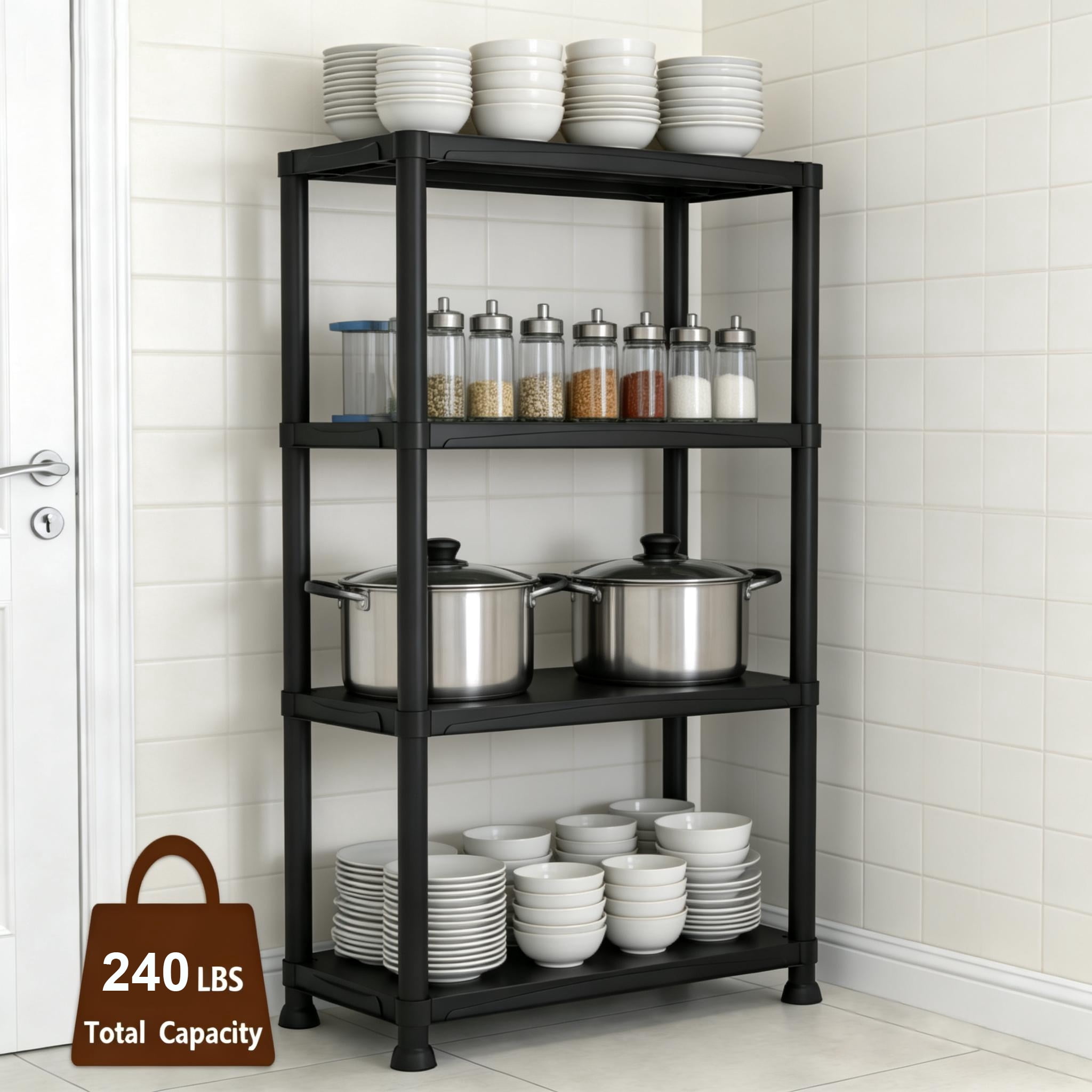 4-Tier Plastic Storage Shelving Unit , Indoor/Outdoor  Storage Organization Rack for Pantry, Office, Closet and laundry room, Heavy Duty Storage Rack for Garage, Black