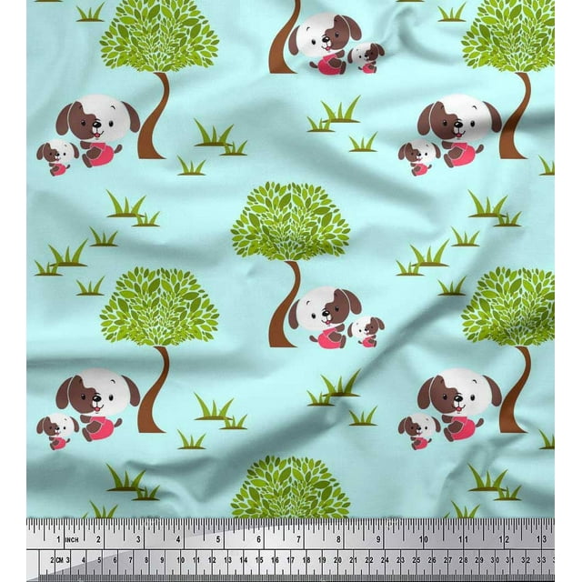 Soimoi Rayon Fabric Tree & Dog Kids Decor Fabric Printed Yard 56 Inch Wide