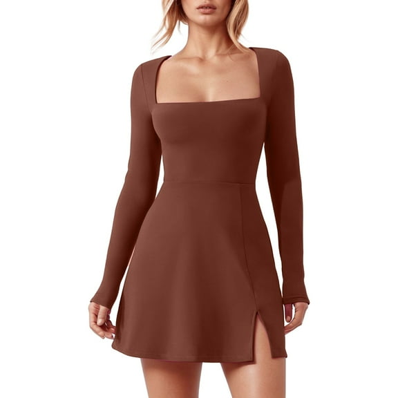 Women's Square Neck Bustier Mini Dress Long Sleeve Slit Flare Casual Summer Party Outfit