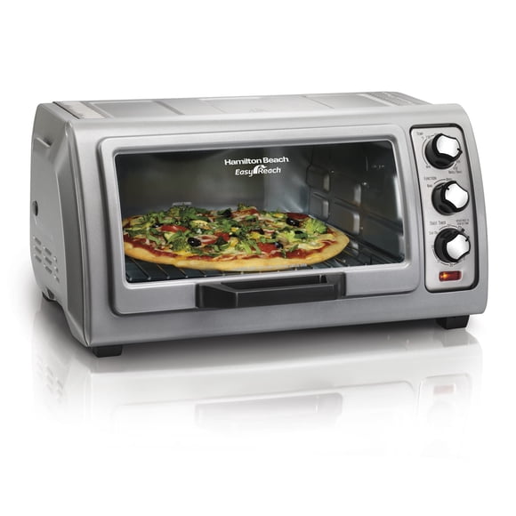 Hamilton Beach Horno tostador de 6 rebanadas con puerta enrollable de fácil acceso, funciones de hornear, asar y tostar, apagado automático, plateado (31127D)
