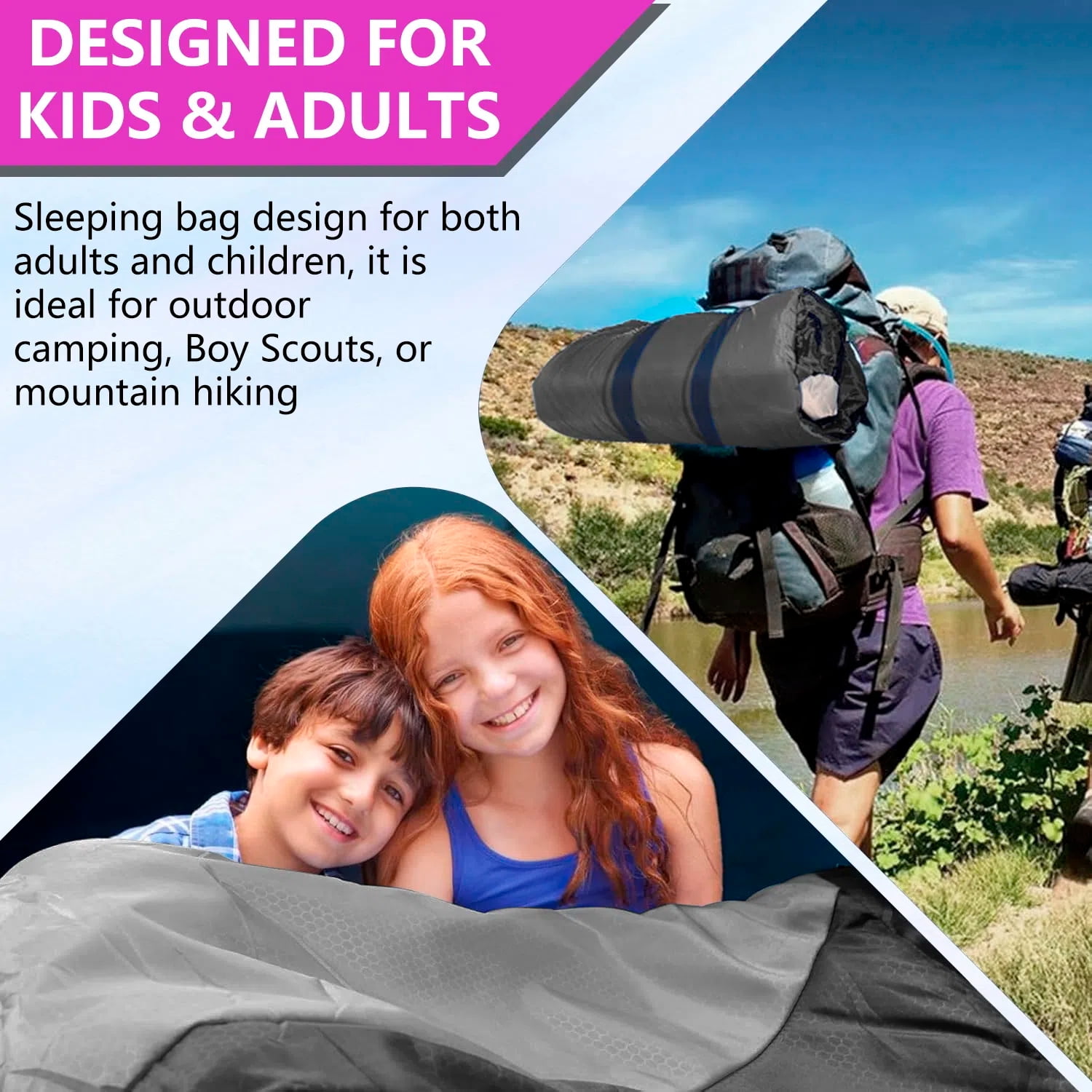 Teblint Camping Sleeping Bag for Adults Kids, Cold Weather Warm Sleeping Bag with Compression Bag for 3 Seasons, Compact Camping Essentials Gear Accessories Hiking Sleep Must Haves-Gray