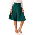 thumbnail image 4 of INSPIRE CHIC Women's Solid Vintage High Elastic Waist Button Decor Flared Midi Skirt XS Deep Green, 4 of 5