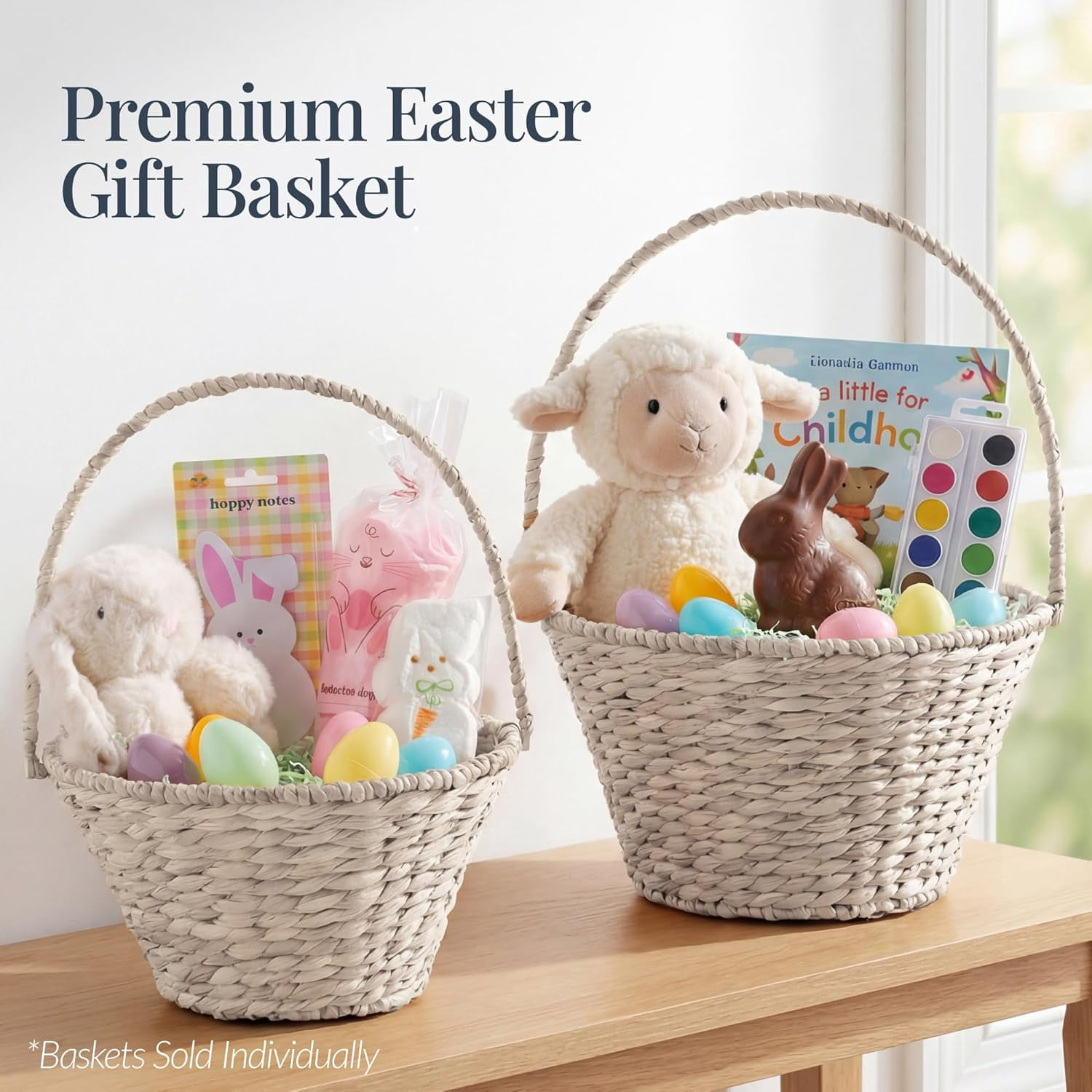 Themis Handwoven Easter Basket, Small Woven Easter Basket for Kids, Easter Egg Hunt Basket w/Collapsible Handle, Tapered Shape, Water Hyacinth - White