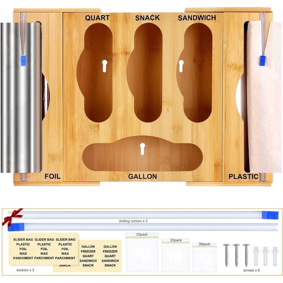 Bamboo Ziplock Bag Storage Organizer for Kitchen Drawer, Foil and Plastic Wrap Dispenser with Cutter, Food Plastic Baggie Holder for Gallon, Quart, Sandwich, Snack, Fit for Wall Hanging