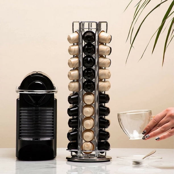 Organizador de cápsulas de café moderno, aspecto de metal refinado con construcción duradera, acabado cromado para una estética moderna y elegante, fácil acceso, rotación de 360 grados (fuerte