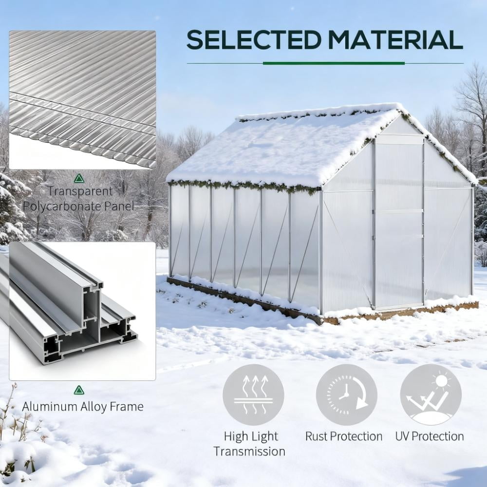 6x12 FT Greenhouse, Easy Assembly Polycarbonate Greenhouses with Adjustable Roof Vent, Large Aluminum Walk-in Greenhouse with Sliding Door, Silver