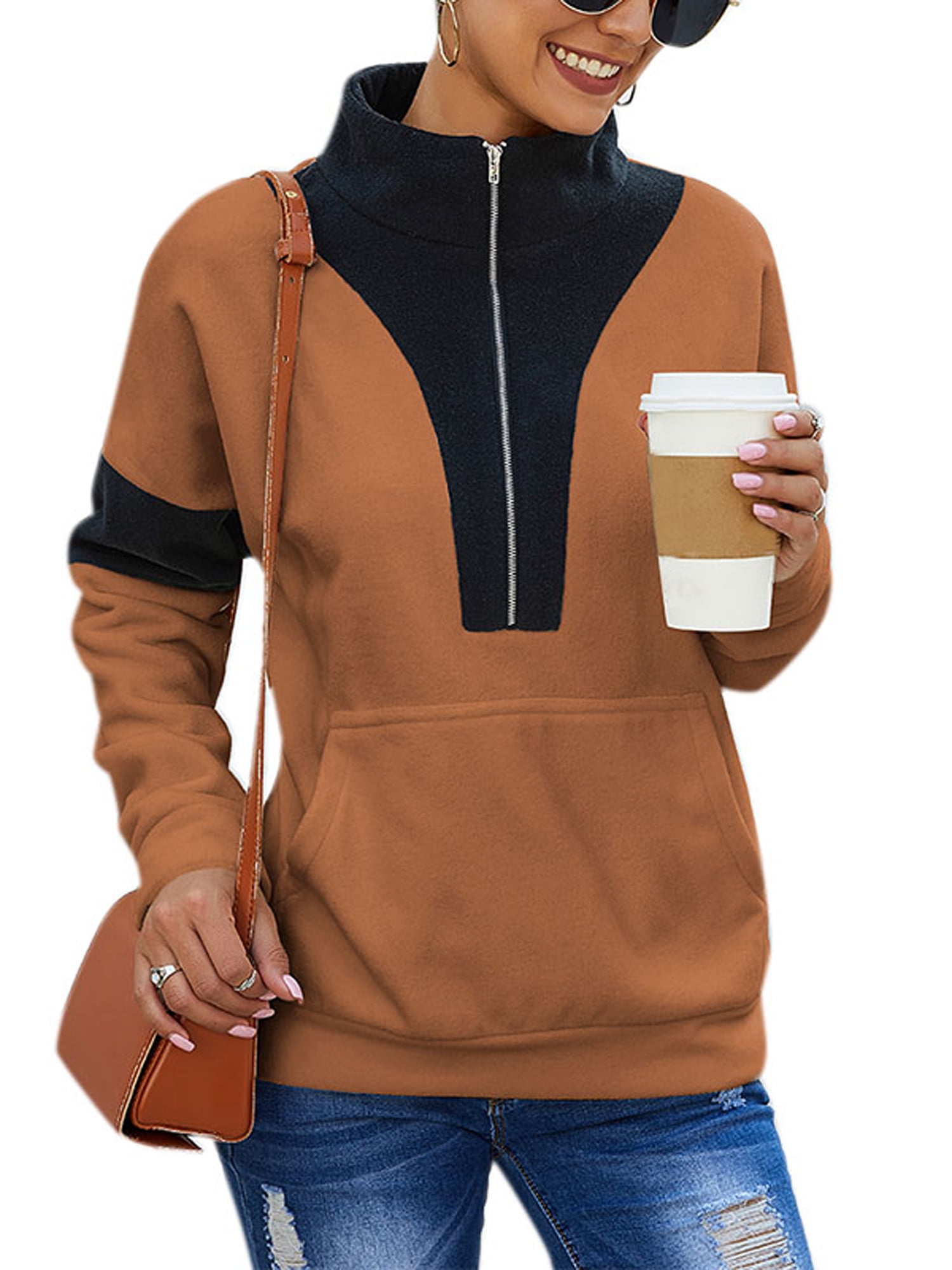 Wodstyle - Women's Patchwork Turtleneck Zipper Casual Pockets Tops Pullover Sweatshirts 