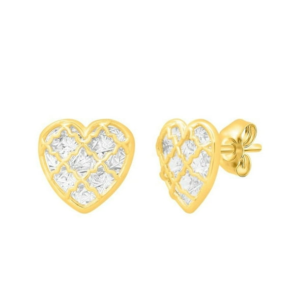 JewelStop 14k Two-tone Gold Diamond Cut Finish Checkered Heart Stud Earrings with Push Back Clasp
