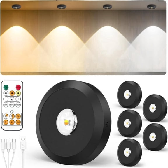 Finedea Cabinet Lighting, Three Color Temperatures Cabinet Lighting LED Spot, Energy Saving Magnet Dimmable Under-Unit Light, Wireless Kitchen Cabinet Lighting, with Timer Remote Control, 6 PACK