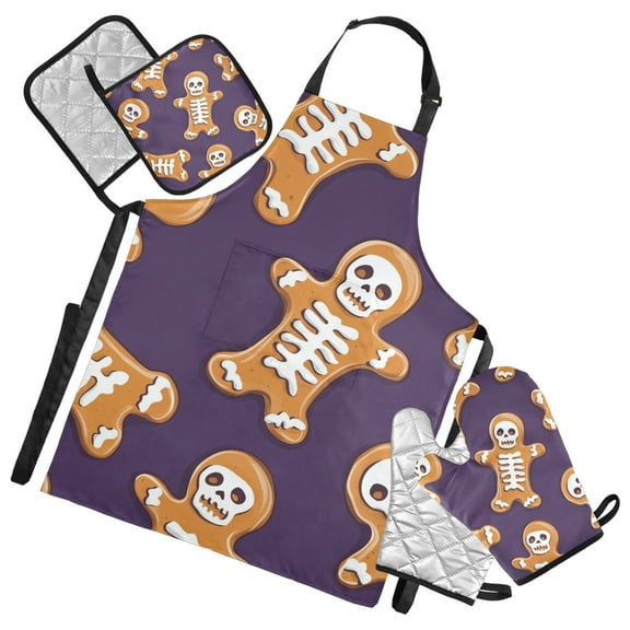 Skeleton Gingerbreads Halloween Christmas Apron Set with Oven Mitts Pot Holders Set of 5 Kitchen Stuff Accessories