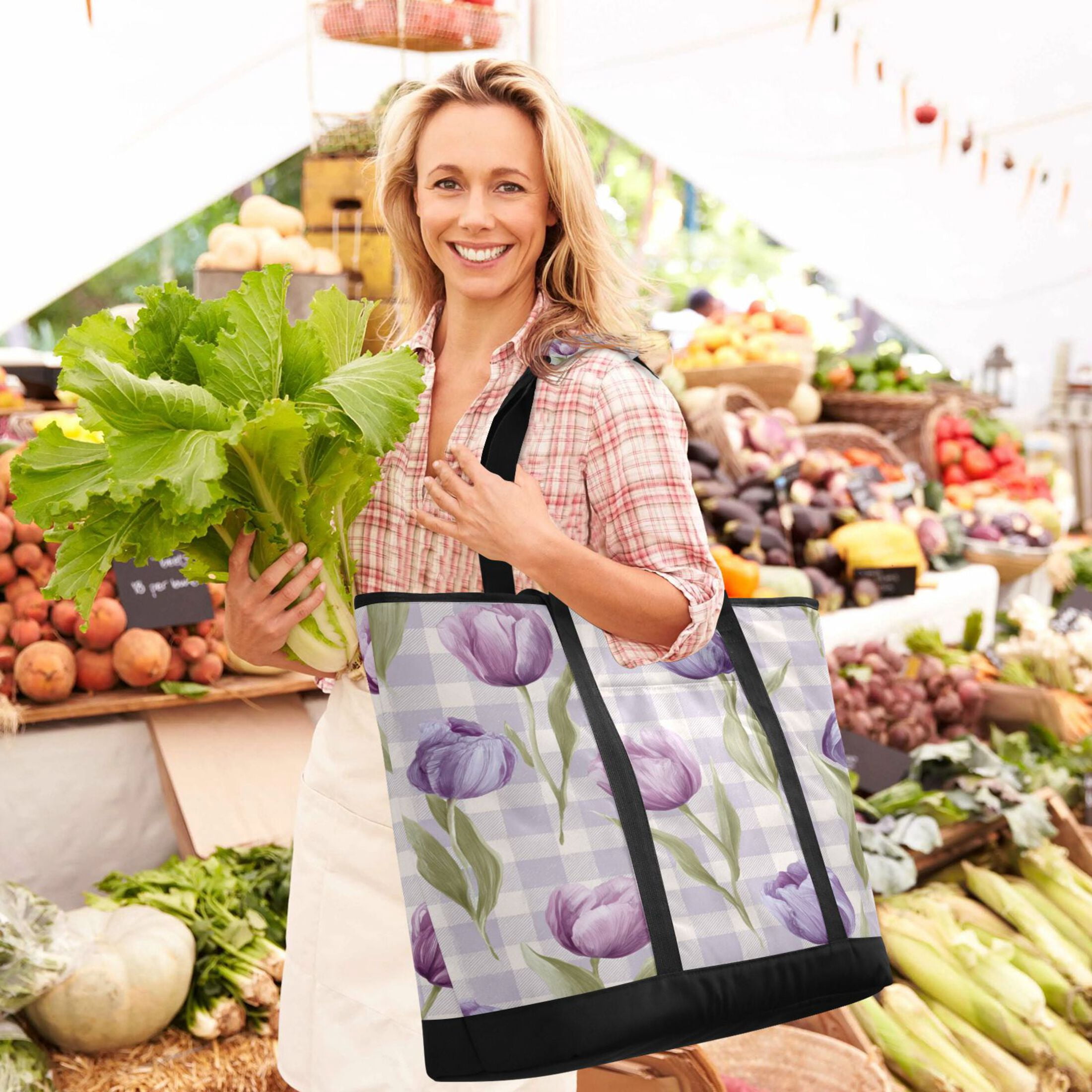 Extra-Large Wide Opening Design Capacity Hand-Held Ice Pack Thickened Insulation Layer For Long-Lasting Cold Retention For Outdoor Shopping Picnics And Camping Beautiful Pinkish-purple Tulips