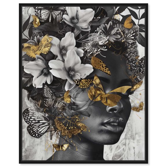 Hidden Golden Butterflies Gold Fashion Glam Canvas Wall Art by Art Remedy, Black Floater Frame, 24"x30"