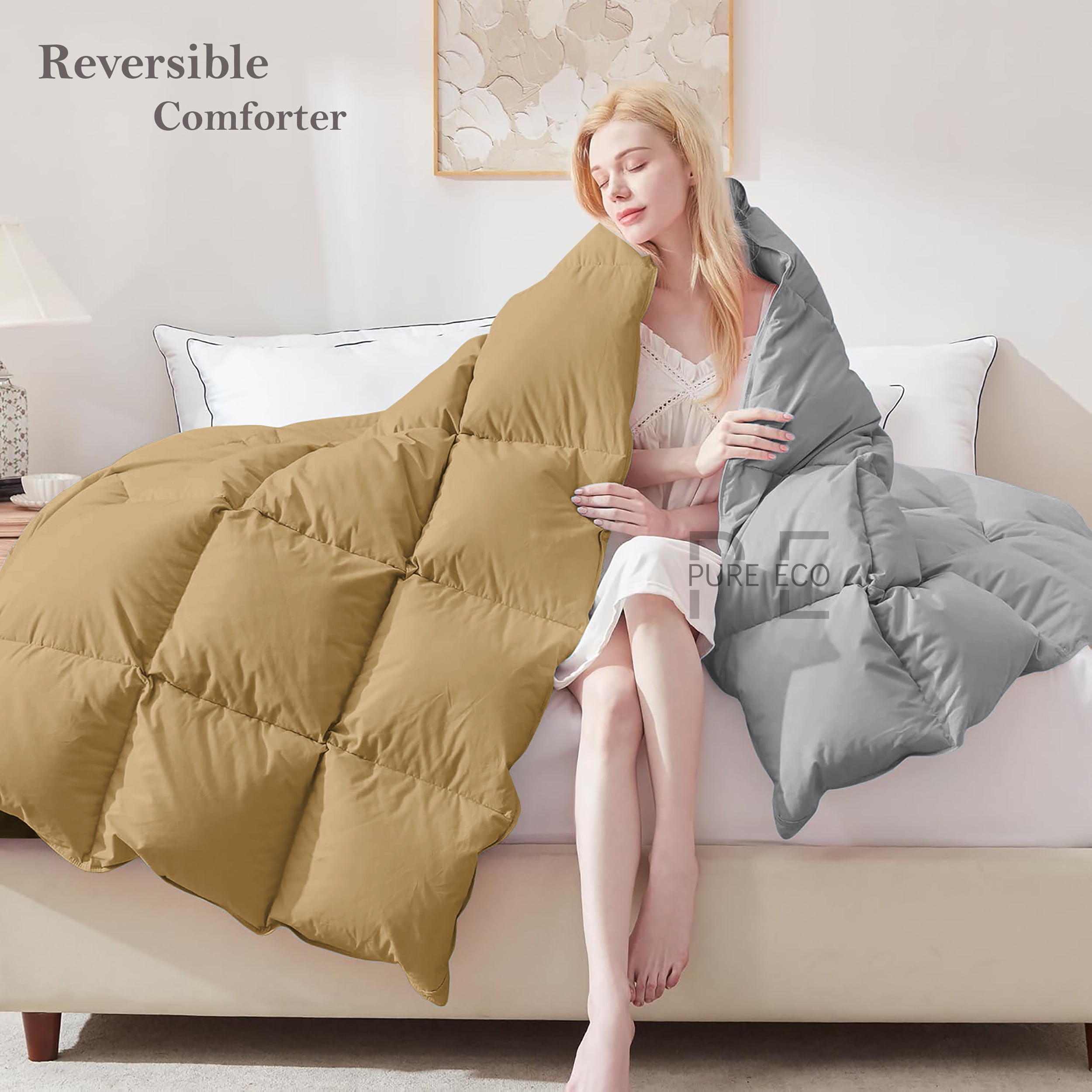Pure Eco Bedding Comforter Cal King Size, Duvet Insert, Quilted Comforter with Corner Tabs, All Season Lightweight Quilt, Down Alternative Hotel Comforter Cal King Size 96X102 Beige/Silver Gray