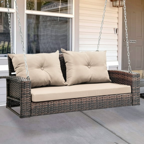 Uforic Brown Rattan Patio Swing Lounge with Dual Cushions for Garden, Balcony, Living Room, Beige