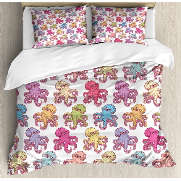 Octopus Duvet Cover Set, Hand Drawn Animal Pattern with Tentacles Ocean